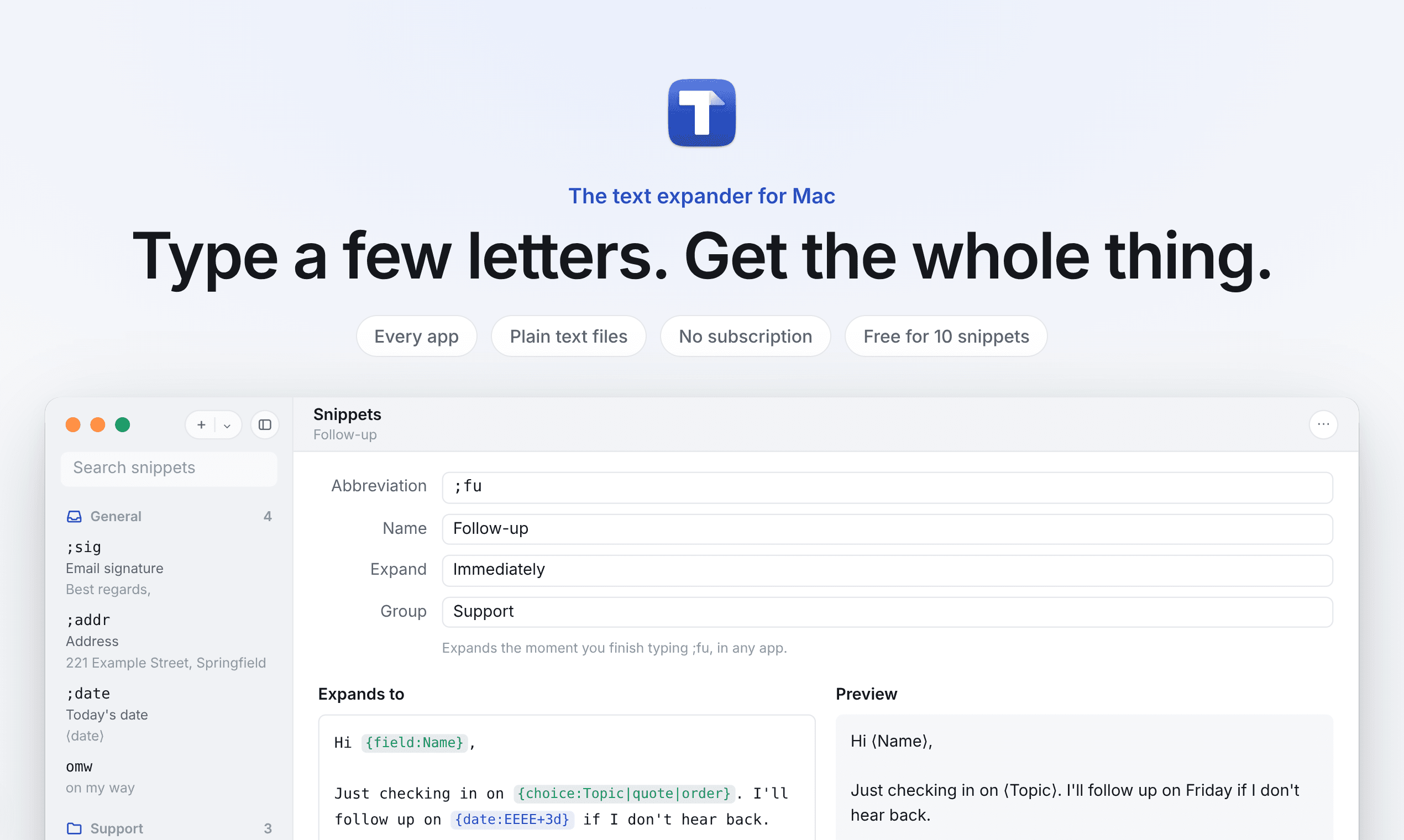 The Textfold snippet editor with an abbreviation, its expansion and a live preview